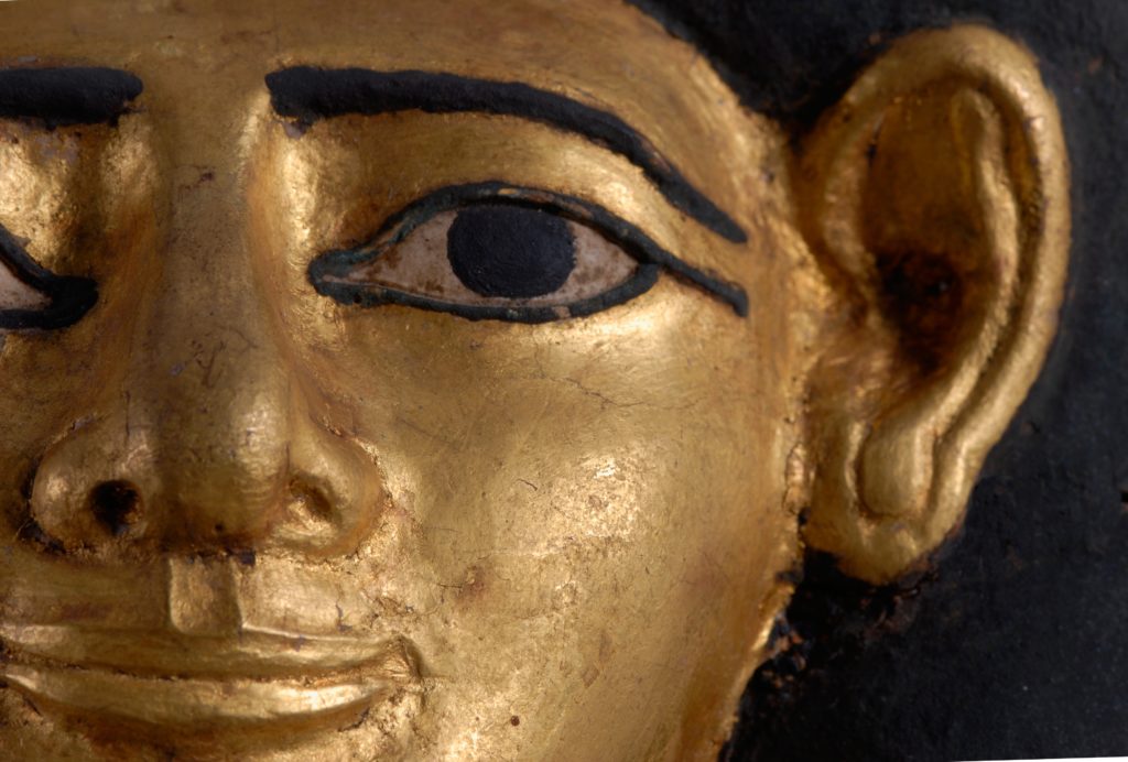 Mummy Mask made of Gilded Cartonnage, (detail), Middle Kingdom, 12th Dynasty. © Myers Collection at Eton College.