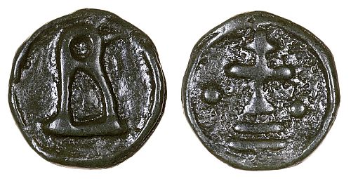Cast base metal coin of Basil I (867-886), mint of Cherson. Unlike the other Byzantine mints which struck coins with dies, Cherson in the Crimea cast them with moulds from the ninth century.
