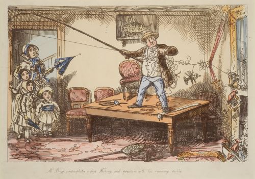 Coloured etching showing Mr Briggs stood on a dining table in his home, waving a fishing rod. His family watches from a door way.
