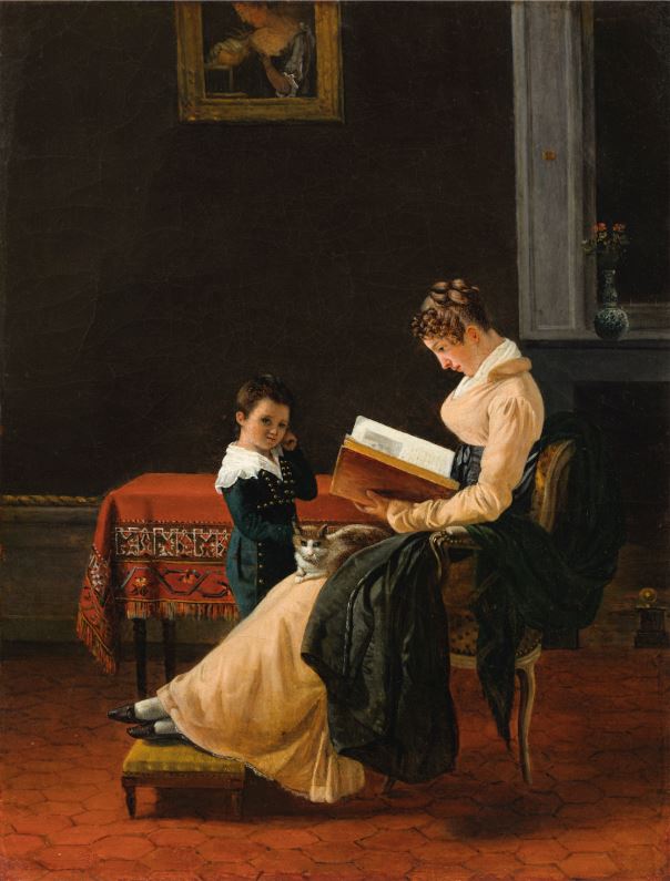 Oil painting on canvas. A woman sits reading