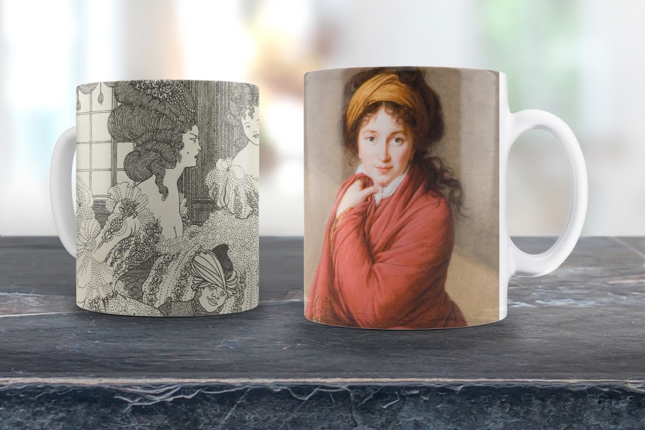 Two mugs with artworks on them