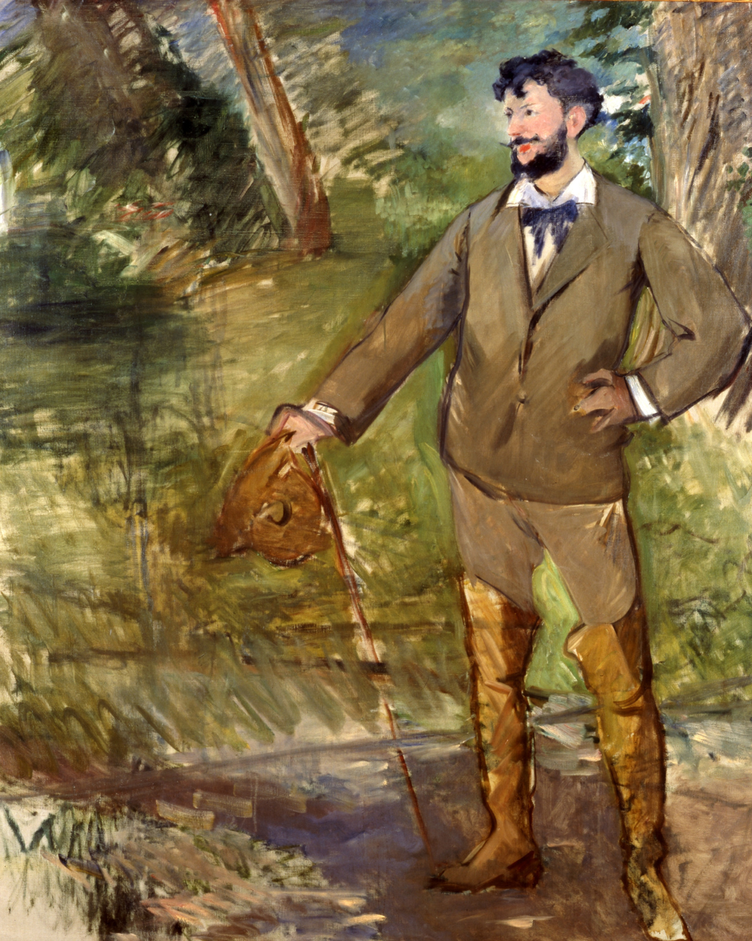 Painting of a man standing in a relaxed pose surrounded by nature. The brushstrokes are loose and expressive.