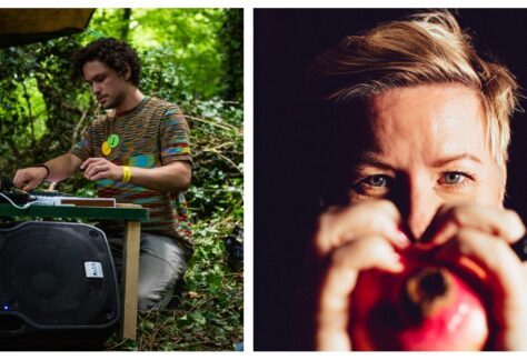 A split picture, the left side showing Dan Cipicco, a person sitting in a forest behind a speaker and mixing desk. And on the right, a close up portrait photograph of Kaye Winwood, holding up a pomegranate.