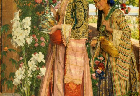 This is a painting by John Frederick Lewis, called Lilium Auratum. In the painting we can see two women in lavish clothing, surrounded by poppies lilies, pansies and lush, green foliage